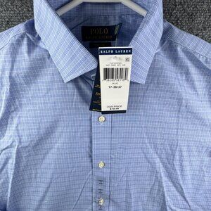 NWT Polo Ralph Lauren Blue Plaid Men Button Up Shirt Easy Care 17 36/37 Cotton